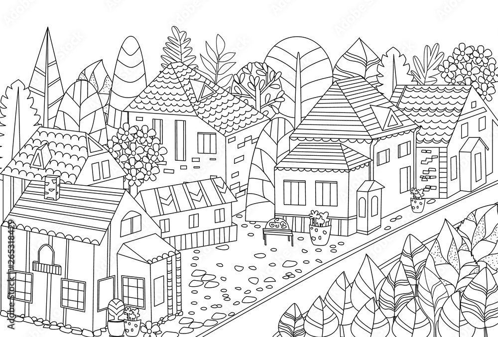 happy cityscape with fancy trees for your coloring book