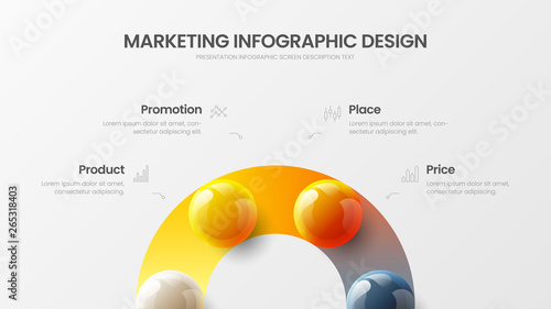 Business 4 option infographic presentation vector 3D colorful balls illustration. Corporate marketing analytics data report design layout. Company statistics information graphic visualization template