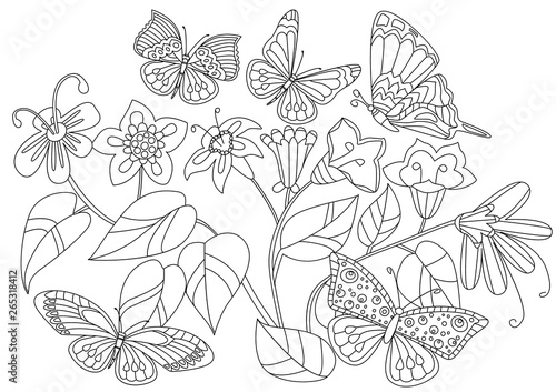Naklejka fancy flowers with butterflies for your coloring book