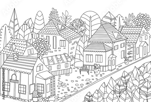 happy cityscape with fancy trees for your coloring book