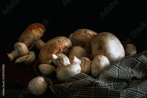 Fresh champignon mushrooms group on the table. Fresh vegetables mushrooms - the concept of healthy proper nutrition. Dark Food Photography
