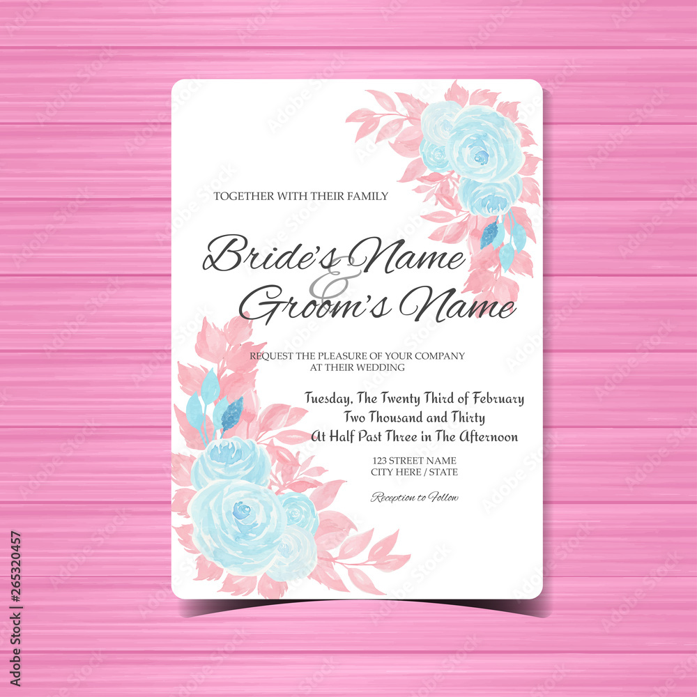 floral wedding invitation with blue roses