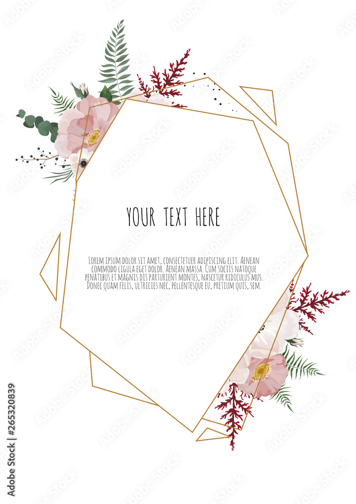  floral design card. Greeting, postcard wedding invite template. Elegant frame with rose and anemone - obrazy, fototapety, plakaty 