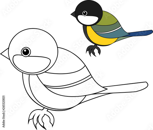 Coloring page. Stylized Great tit (Parus major) in flat style