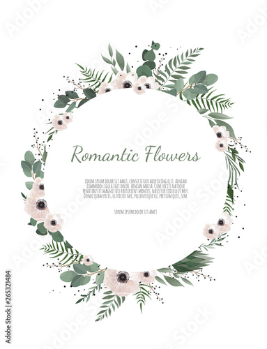 Floral wreath with green eucalyptus leaves, flower rose, anemone . Frame bord...