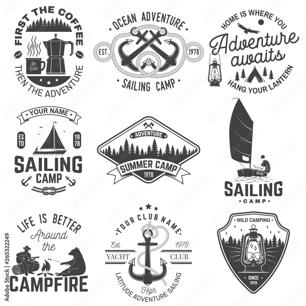 Set of Summer camp and sailing badges. Vector. Concept for shirt or print, stamp. Vintage typography design with trailer, camping tent, sea anchors, hand wheel, compass sextant silhouette Set of Summer camp and sailing badges. Vector. Concept for shirt or print, stamp. Vintage typography design with trailer, camping tent, sea anchors, hand wheel, compass sextant silhouette