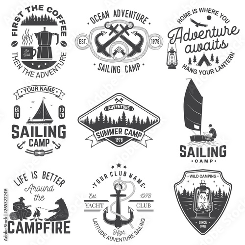 Set of Summer camp and sailing badges. Vector. Concept for shirt or print, stamp. Vintage typography design with trailer, camping tent, sea anchors, hand wheel, compass sextant silhouette