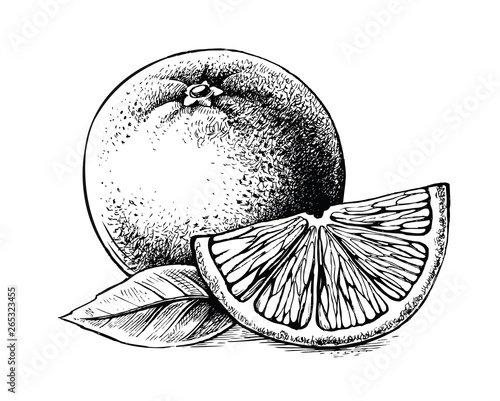 slice and whole of juicy orange fruit on white