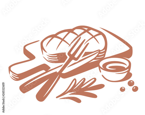 Steak on wooden plate isolated on white.