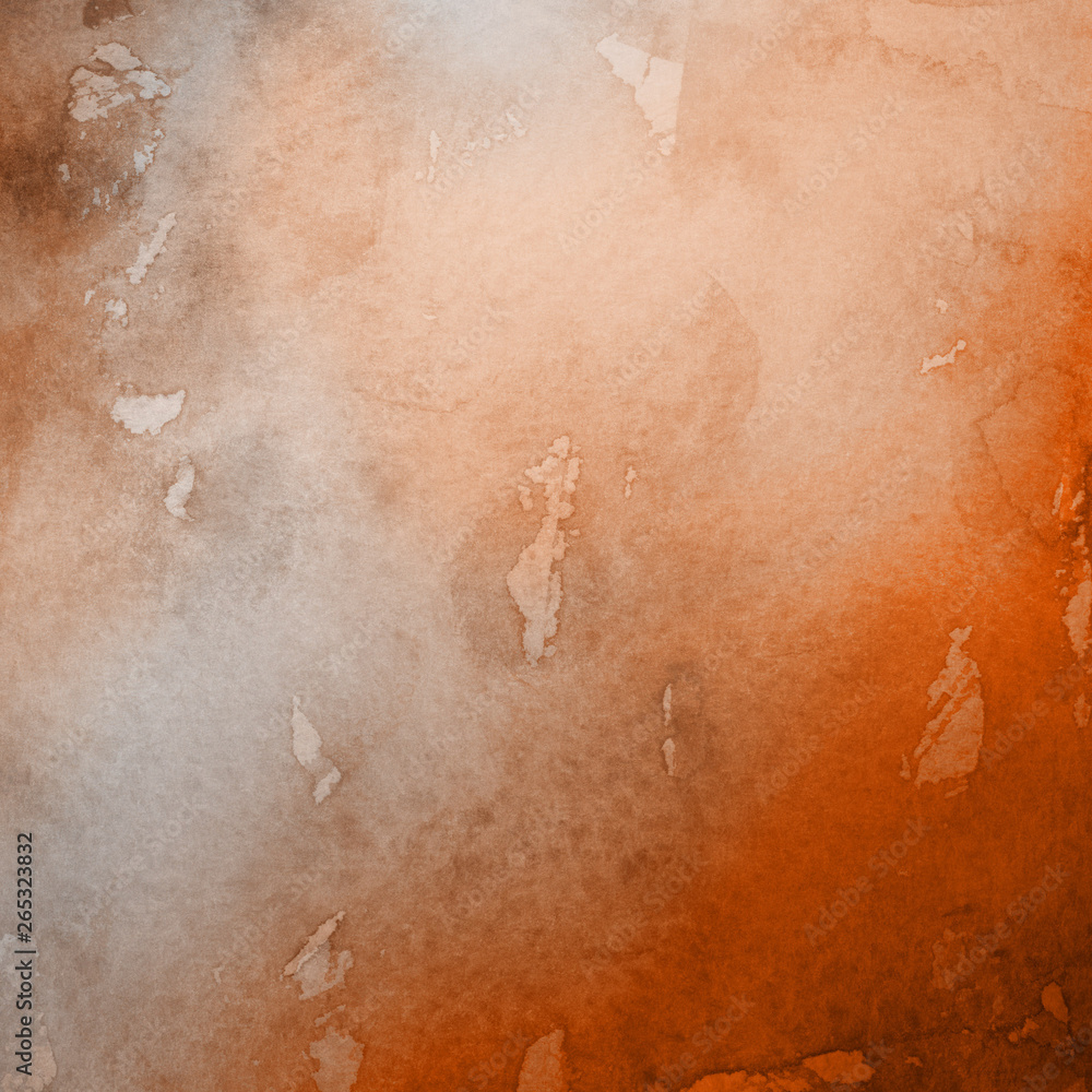 Fototapeta premium Orange with brown ink and watercolor textures on white paper background. Paint leaks and ombre effects. Hand painted abstract image.