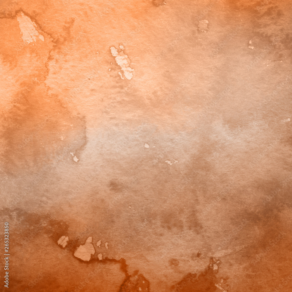 Fototapeta premium Orange with brown ink and watercolor textures on white paper background. Paint leaks and ombre effects. Hand painted abstract image.