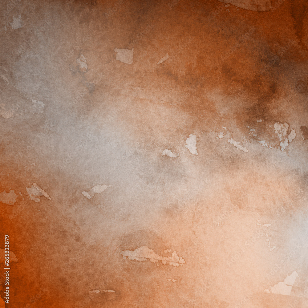 Fototapeta premium Orange with brown ink and watercolor textures on white paper background. Paint leaks and ombre effects. Hand painted abstract image.
