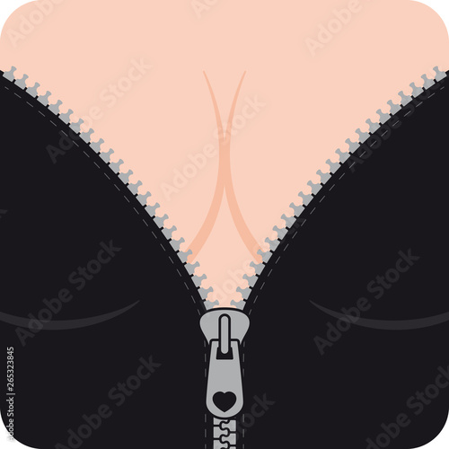Woman decollete with black bra open zipper. Female girl tits closeup.