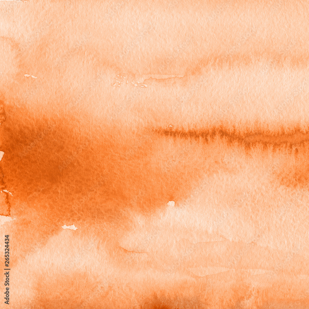 Fototapeta premium Orange with brown ink and watercolor textures on white paper background. Paint leaks and ombre effects. Hand painted abstract image.