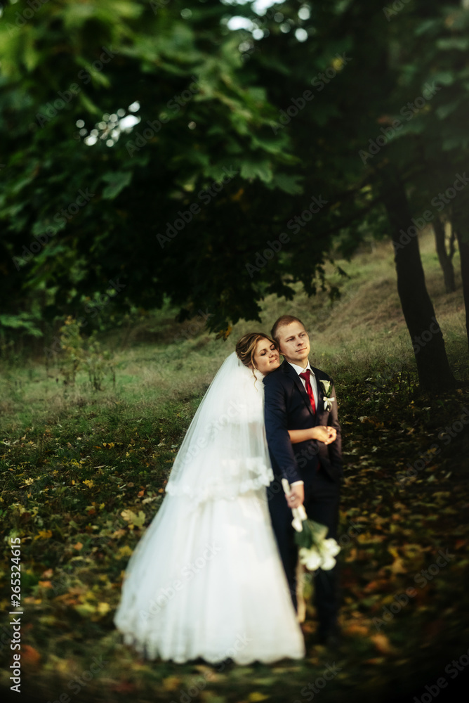 happy gorgeous bride and stylish groom on background of sunny trees forest, sweet romantic moment