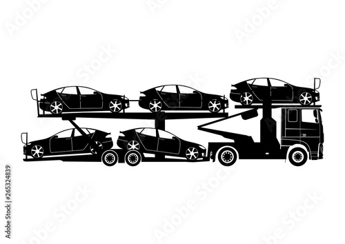 Auto transport. Truck with car carrier trailer carrying cars. Shapes in two easy-to-change colors. Flat vector.