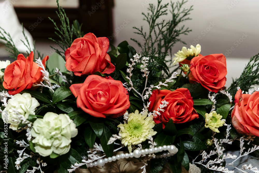 beautiful rich bouquet of red roses at wedding ceremony, gift concept beautiful rich bouquet of red roses at wedding ceremony, gift concept