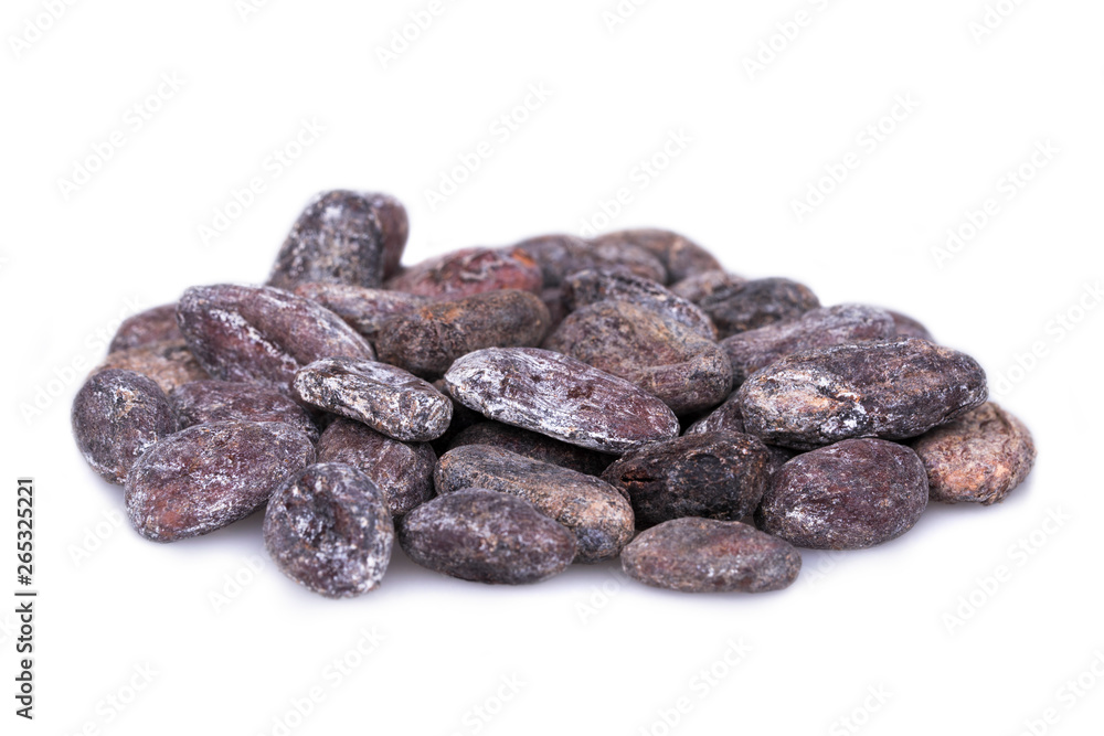 A heap of rotten, moldy cocoa beans isolated on white. Shallow depth of field. Macro shot. A heap of rotten, moldy cocoa beans isolated on white. Shallow depth of field. Macro shot.