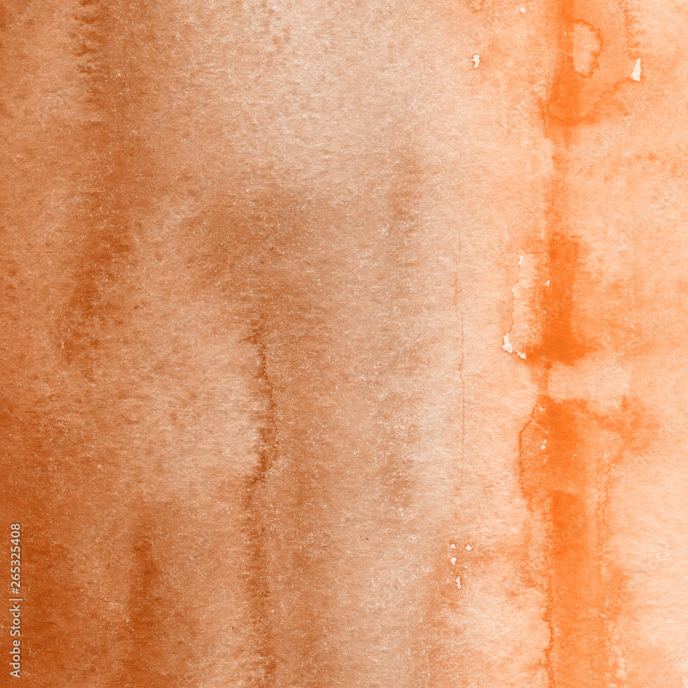 Fototapeta premium Orange with brown ink and watercolor textures on white paper background. Paint leaks and ombre effects. Hand painted abstract image.