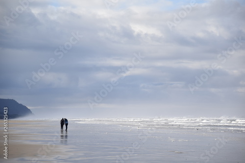 silhouette of a couple on the beach in the windy and cloudy day