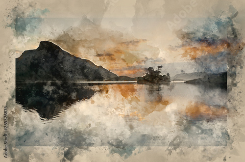 Watercolour painting of Stunning mountain and lake sunrise reflections beautiful landscape with sunbeams