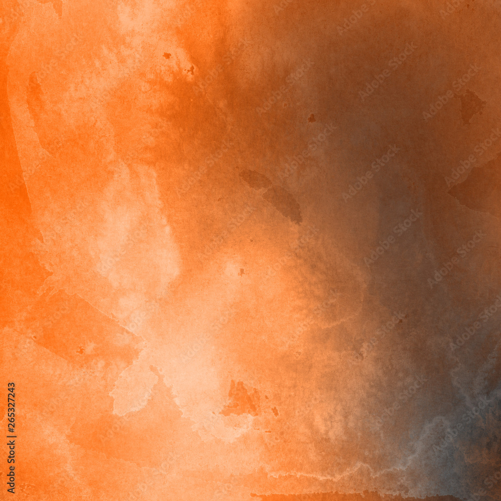 Fototapeta premium Orange with brown ink and watercolor textures on white paper background. Paint leaks and ombre effects. Hand painted abstract image.