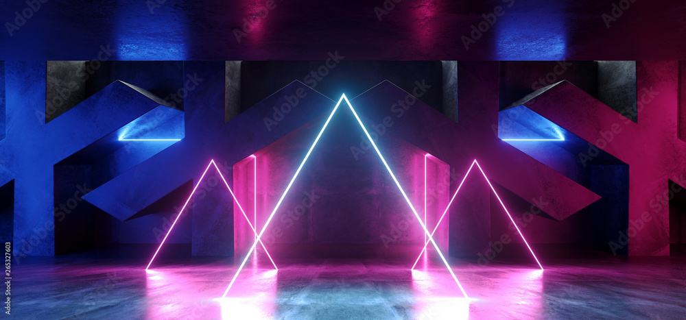 Dark Vibrant Circle Triangle Neon Retro Fluorescent Laser Virtual Reality Purple Blue Pink Glowing Lights On Concrete Grunge X Shaped Room Hall Corridor Glossy Sci Fi Futuristic Modern 3D Rendering