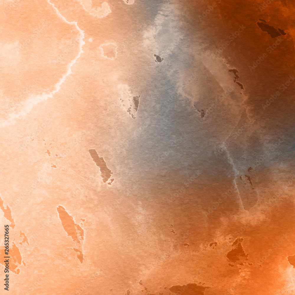 Fototapeta premium Orange with brown ink and watercolor textures on white paper background. Paint leaks and ombre effects. Hand painted abstract image.