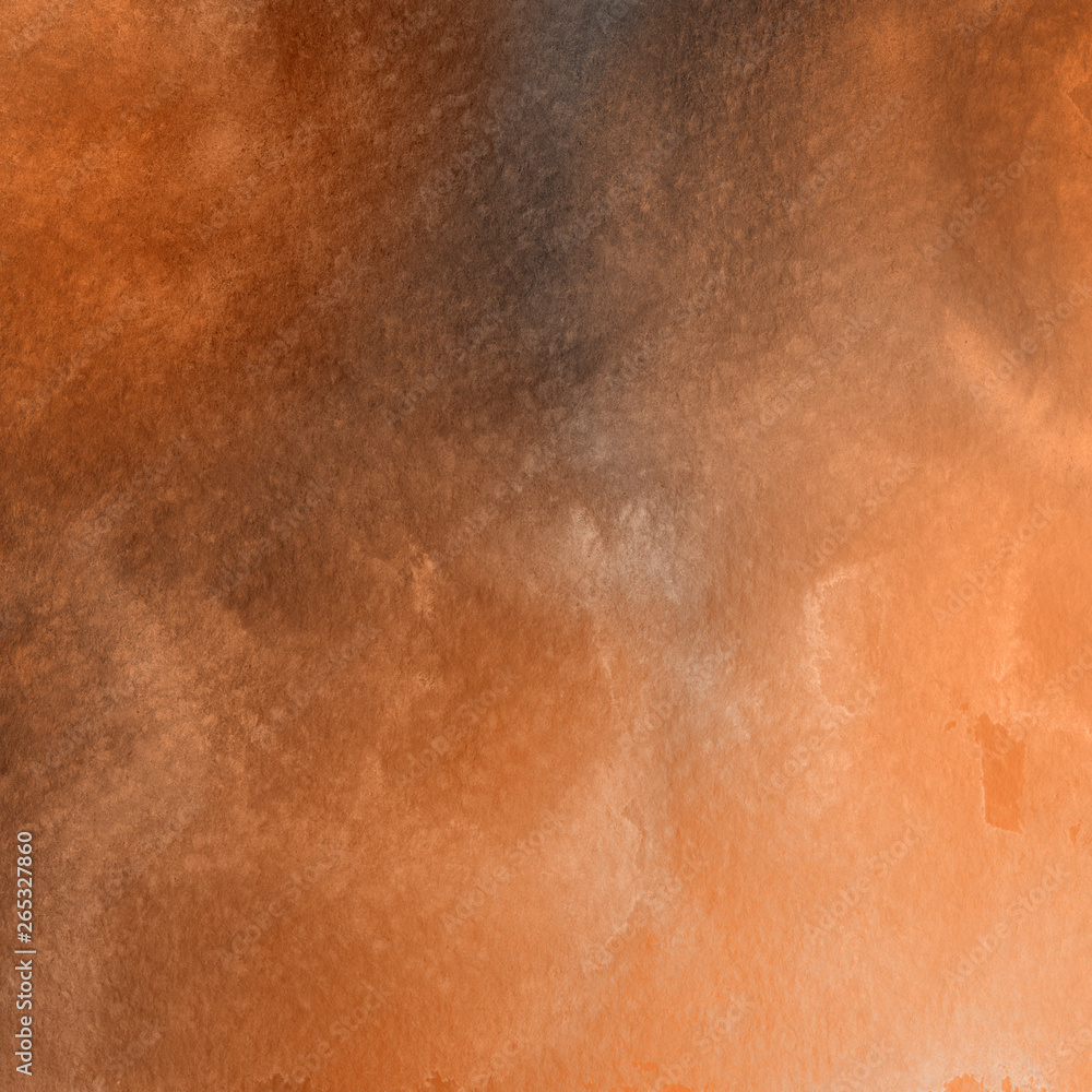 Fototapeta premium Orange with brown ink and watercolor textures on white paper background. Paint leaks and ombre effects. Hand painted abstract image.