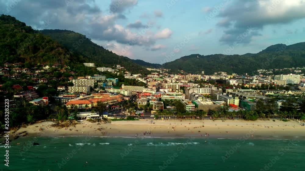 Aerial view Drone hyperlapse Patong beach with sky and clouds moving in the sky at patong beach phuket thailand 4K Time Lapse Aerial view Drone hyperlapse Patong beach with sky and clouds moving in the sky at patong beach phuket thailand 4K Time Lapse
