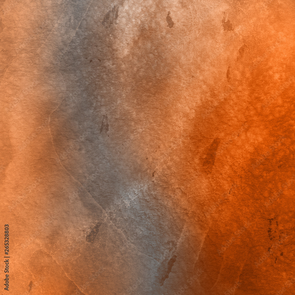 Fototapeta premium Orange with brown ink and watercolor textures on white paper background. Paint leaks and ombre effects. Hand painted abstract image.