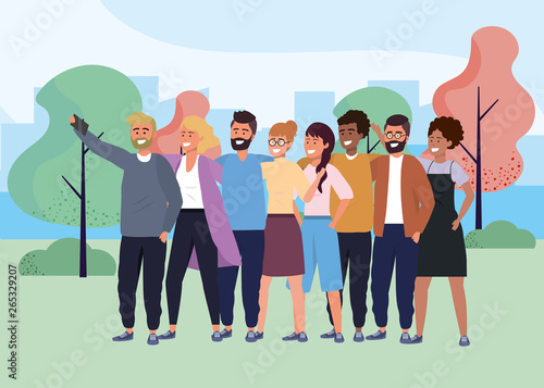 Millennial diverse group taking selfie outdoors background