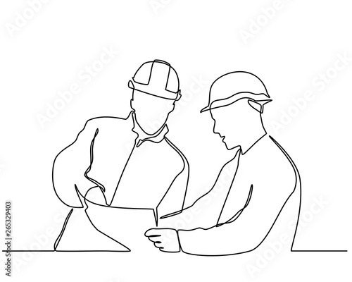 continuous line drawings of some construction workers wearing helmets that stand at meetings and discuss. vector illustration isolated on white background