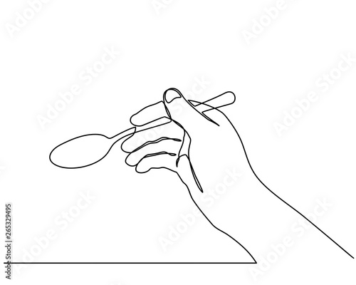 continuous line drawing of Hands holding a spoon. Isolated against a white background. hand holding a spoon in one line. vector illustration isolated on white background