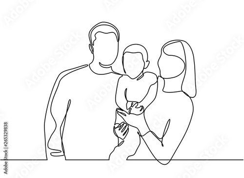 Continuous line drawing of happy family father, mother and one child playing. vector illustration isolated on white background