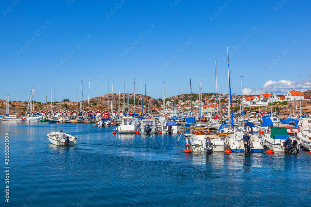 Coastal view with a marina and boats in the Swedish archipelago