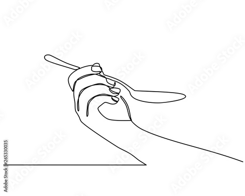 continuous line drawing of Hands holding a spoon. Isolated against a white background. hand holding a spoon in one line. vector illustration isolated on white background