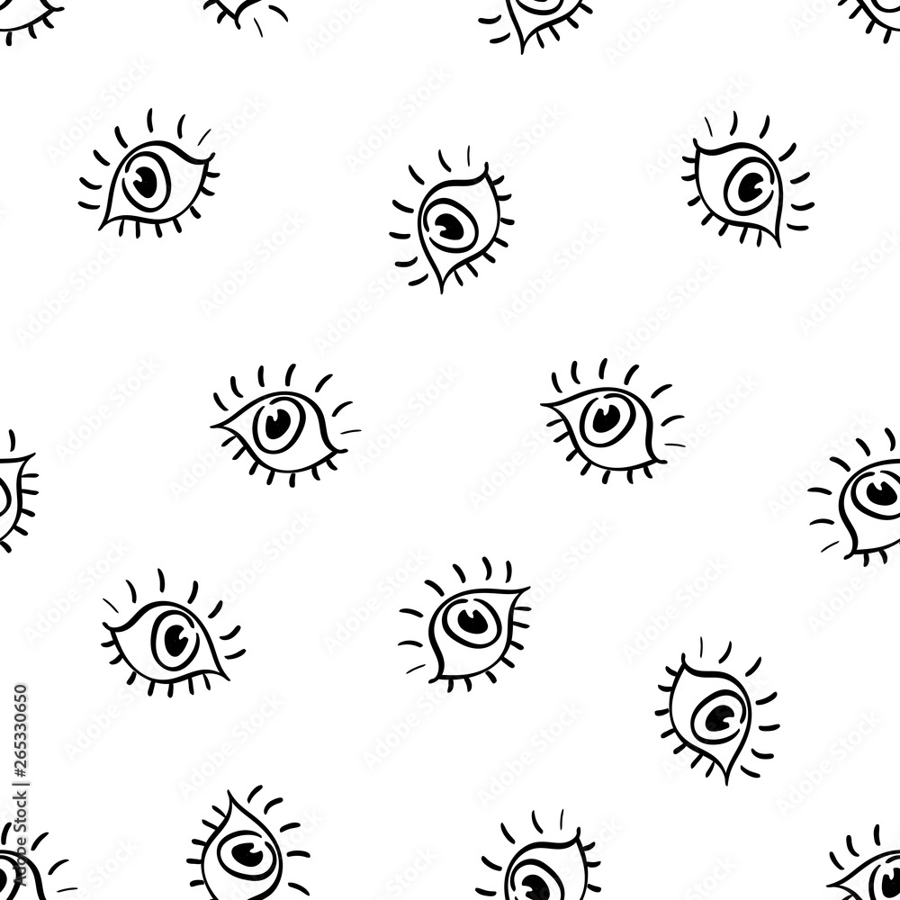 Seamless doodle trendy pattern with cartoon eyes. Teenage style background. Modern abstract fashion print