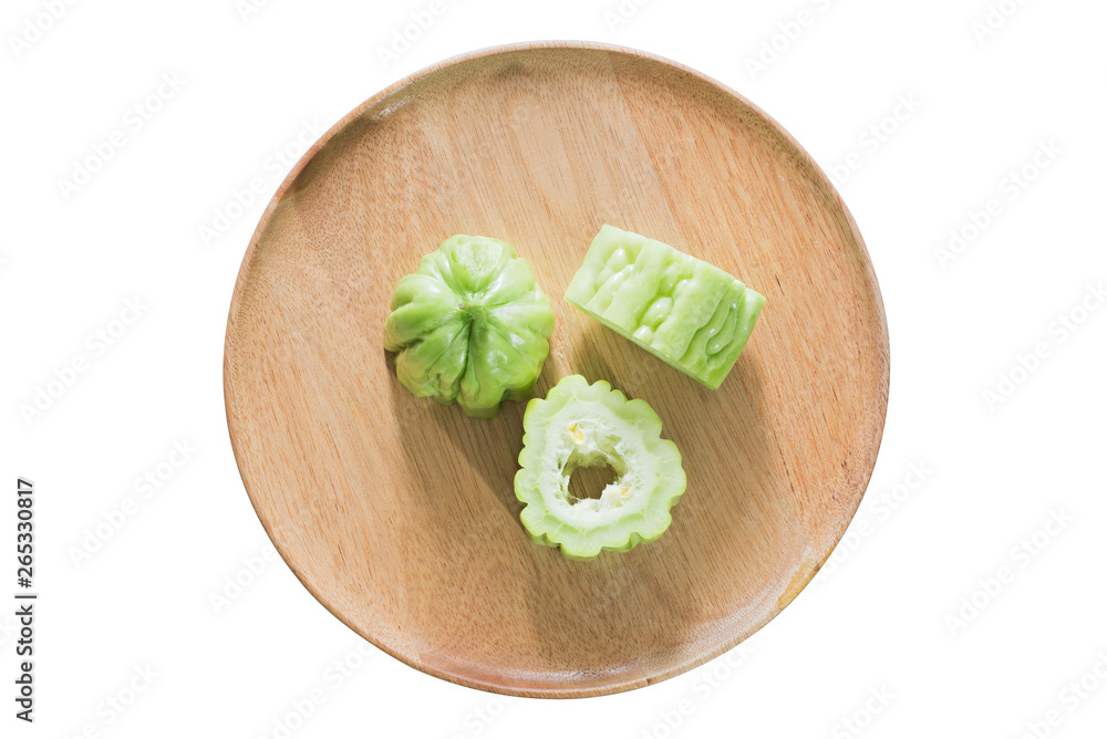 cut the gourd on Wood tray isolated on white background, selective focus (detailed close-up shot) cut the gourd on Wood tray isolated on white background, selective focus (detailed close-up shot)