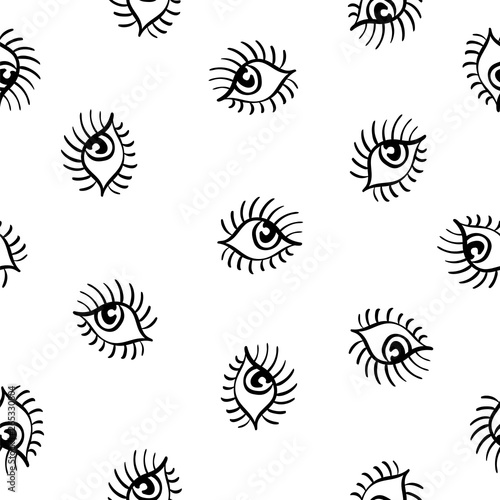 Seamless doodle trendy pattern with cartoon eyes. Teenage style background. Modern abstract fashion print