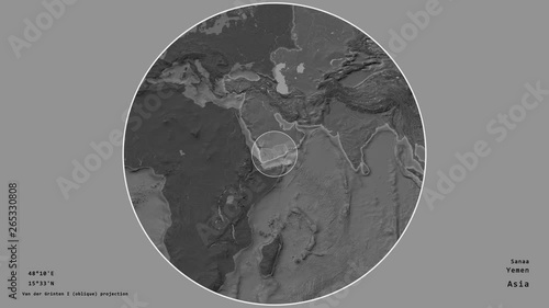 Yemen and its capital circled and zoomed on the global bilevel map in the van der Grinten I projection with animated oblique transformation. Animation 3D
