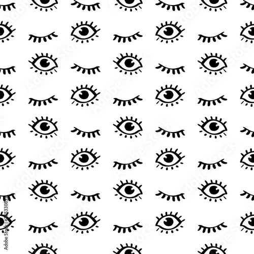 Seamless doodle trendy pattern with cartoon closed and open eyes. Teenage style background. Modern abstract fashion print