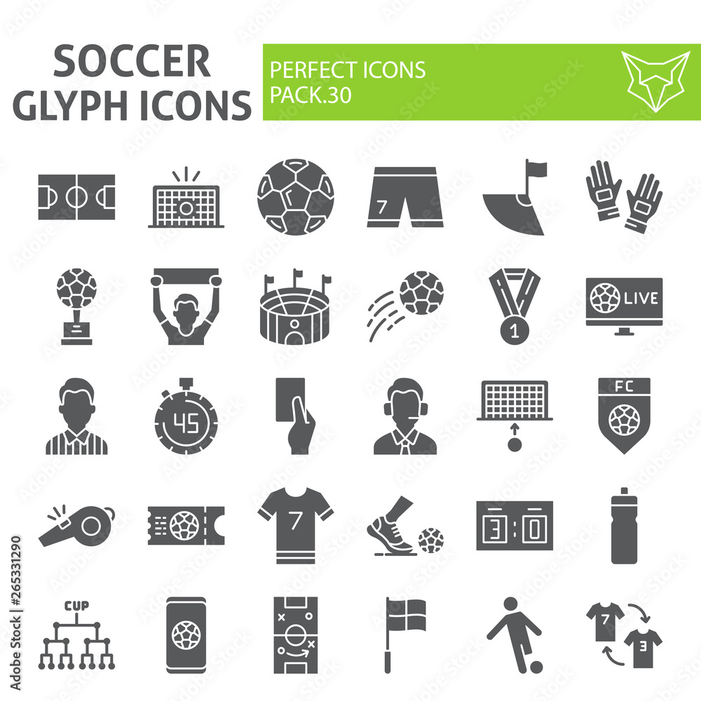 Soccer glyph icon set, football symbols collection, vector sketches