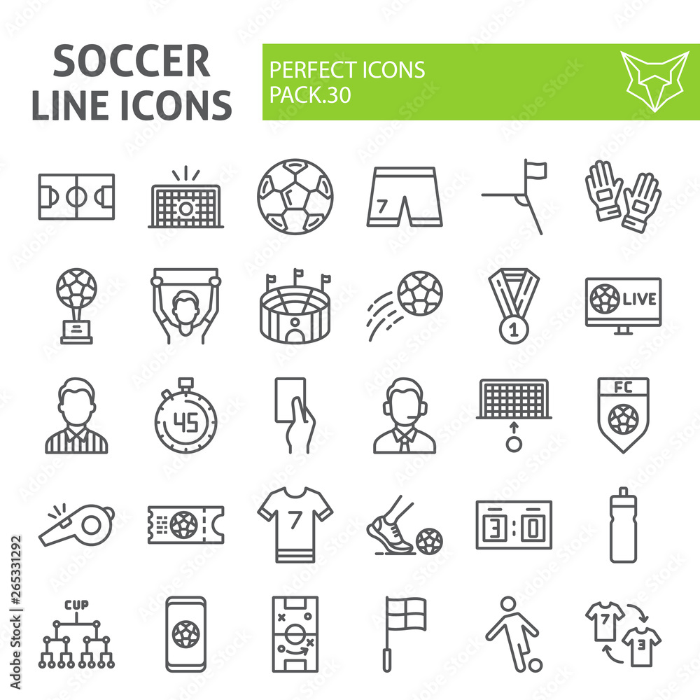 Soccer line icon set, football symbols collection, vector sketches, logo illustrations, sport game signs linear pictograms package isolated on white background.
