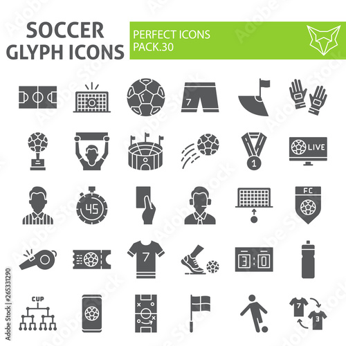 Soccer glyph icon set, football symbols collection, vector sketches, logo illustrations, sport game signs solid pictograms package isolated on white background.