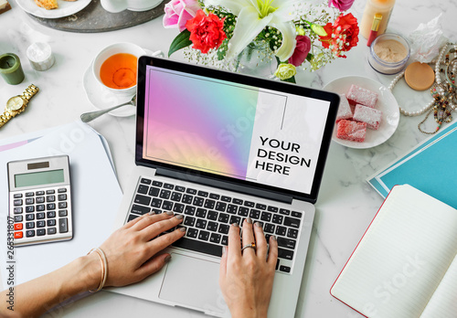 Laptop Marble Table Mockup
