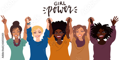 Group of happy smiling women of different race together holding hands up. Flat style illustration isolated on white. Feminism diversity tolerance girl power concept.