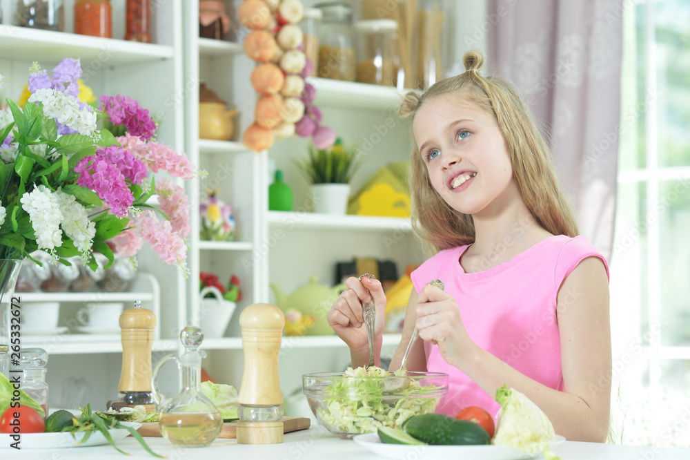 Portrait of cute girl preparing delicious fresh salad Portrait of cute girl preparing delicious fresh salad