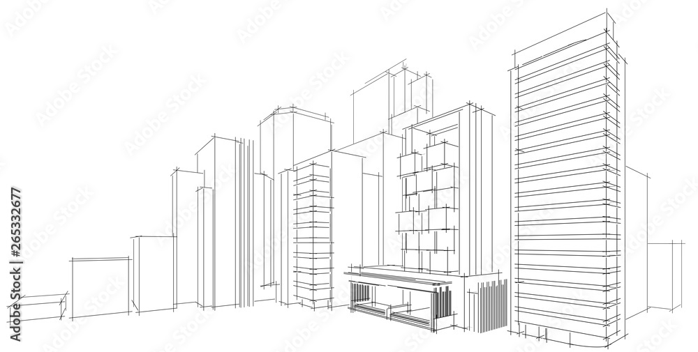 3D illustration architecture building perspective lines.