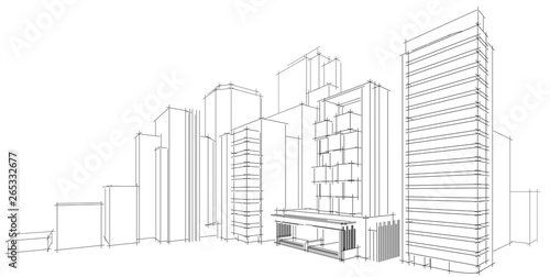 3D illustration architecture building perspective lines.